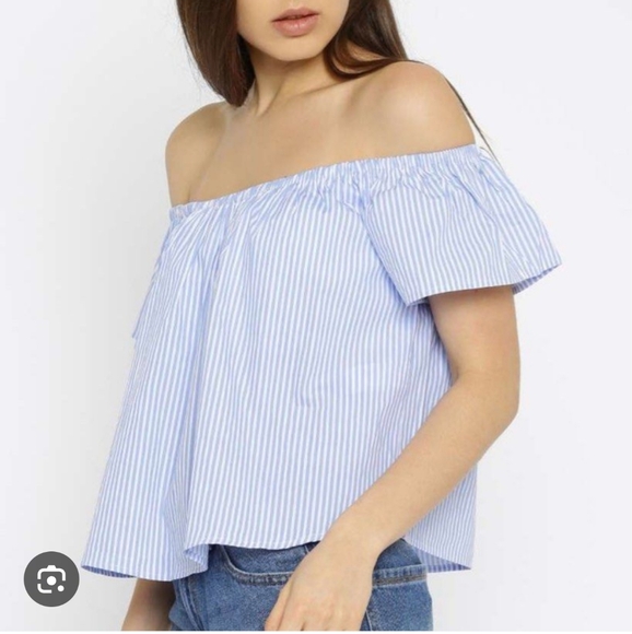 Zara Blue Striped Off-Shoulder Crop Top Size Medium - Picture 1 of 5